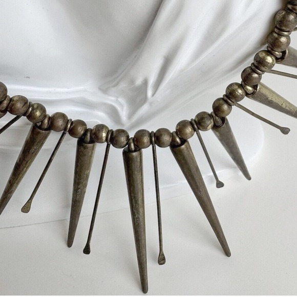 Antiqued Brass Tone Spike Fringe Statement‎ Necklace Industrial Punk Collar J-01 - Picture 8 of 11